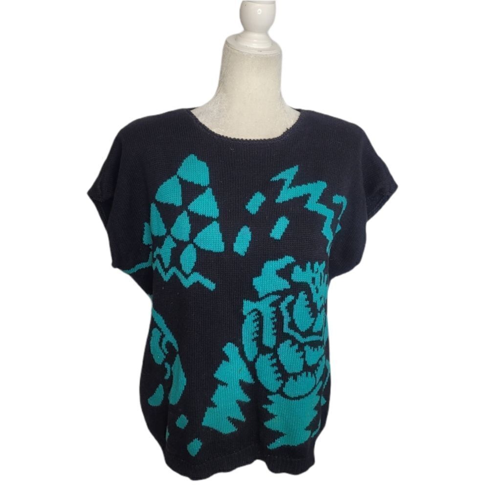 VINTAGE 80s sweater black cap sleeve abstract floral linen blend M
